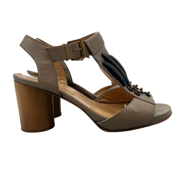 Robert Clergerie Womens 8 Sandal Beige Pise Ankle Buckle Adjustable Block Heels - Picture 1 of 12